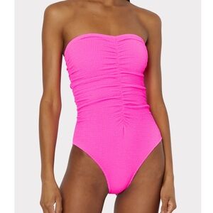 NEW Milly Textured Ruched Bandeau One Piece Swimsuit in Neon Pink Small Beach